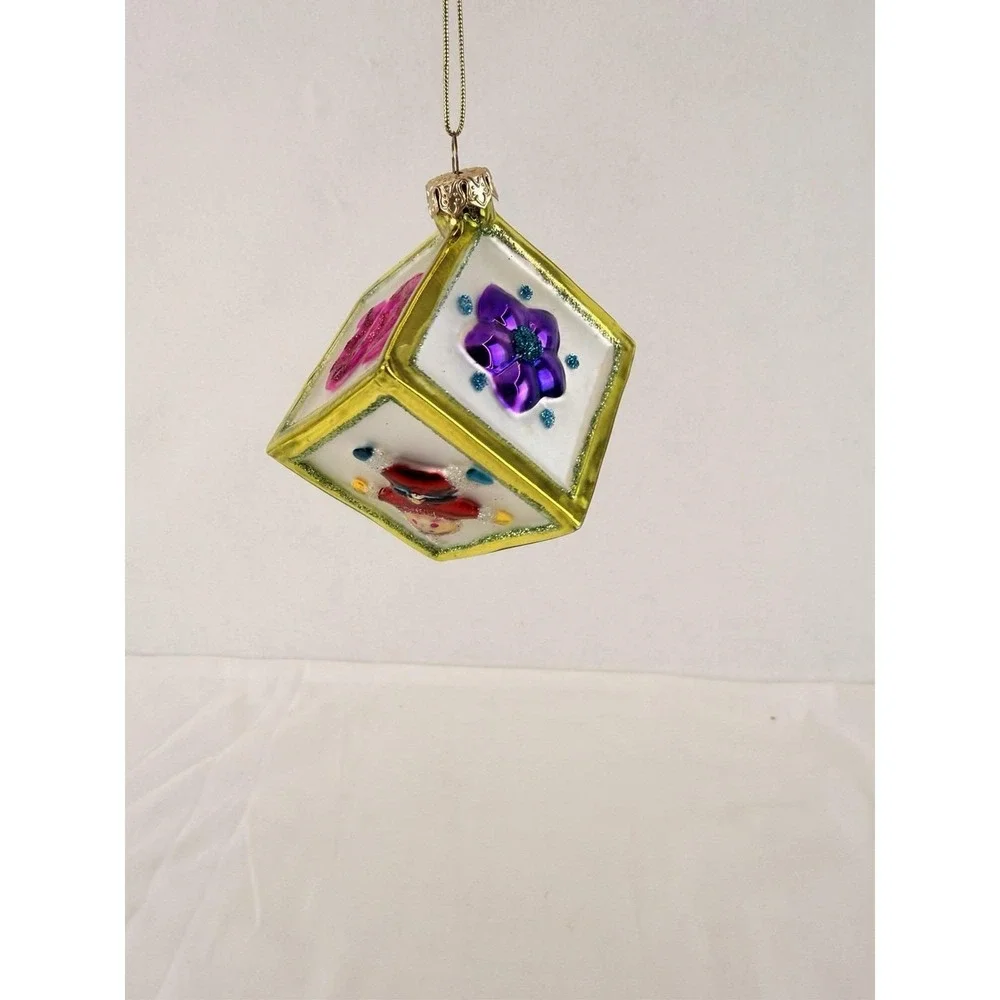 Vintage Hand Blown Glass Cube Christmas‎ Ornament Raised Applied Decoration